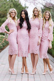 Pink Lace Sheath Round Neck Knee Length Long Sleeves Bridesmaid Dresses, PB168