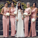 Pink Mermaid Backless Spaghetti Straps Long Bridesmaid Dresses With Slit, PB152 | cheap bridesmaid dresses | mermaid bridesmaid dresses | satin bridesmaid dresses | promnova.com