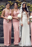 Pink Mermaid Backless Spaghetti Straps Long Bridesmaid Dresses With Slit, PB152