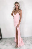 Pink Satin Mermaid V Neck Simple Prom Dresses With Slit, Evening Gown, PL554