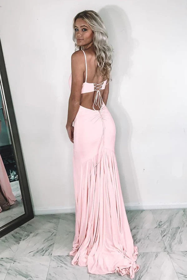 Pink Satin Mermaid V Neck Simple Prom Dresses With Slit, Evening Gown, PL554 | evening dresses | mermaid prom dress | cheap prom dress | promnova.com