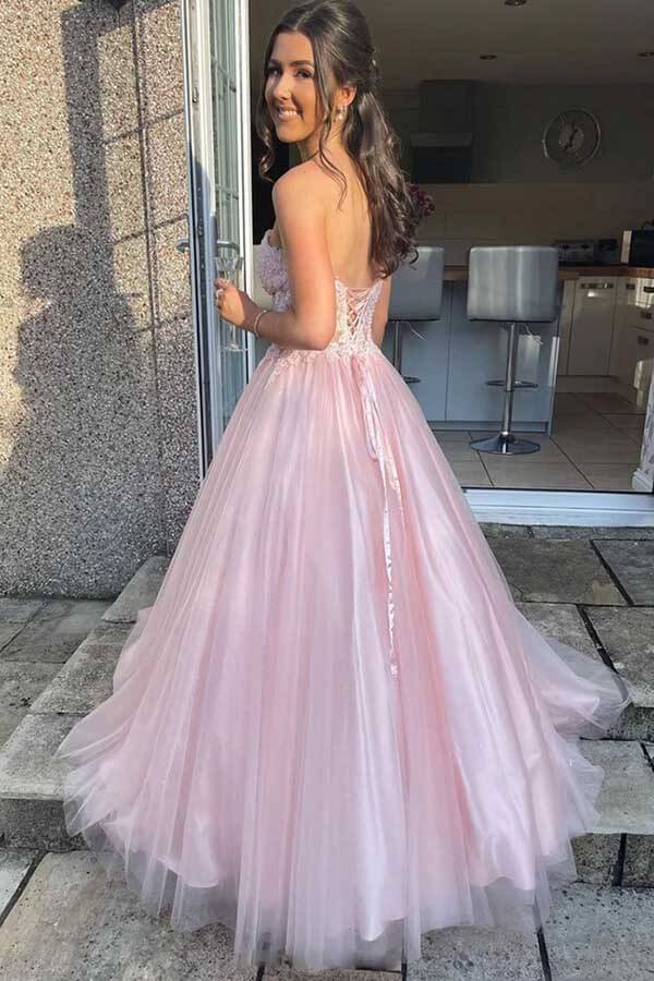 Pink Tulle A-line Sweetheart Sleeveless Lace Prom Dresses, Evening Gown, PL474 | cheap long prom dresses | a line prom dresses | evening dresses | promnova.com