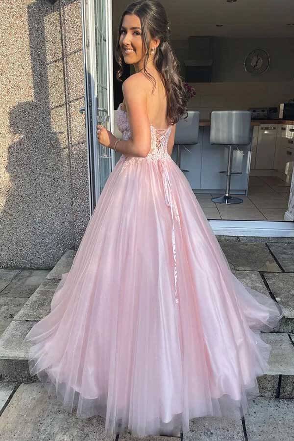 Pink A-line Sweetheart Sleeveless Lace Prom Dresses PL474 | Promnova Pink A-line Sweetheart Sleeveless Lace Prom Dresses PL474 | Promnova