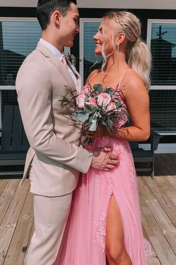 Pink Tulle A Line Backless Lace Appliques Prom Dress PL460 | Promnova US6 / Custom Color Pink Tulle A Line Backless Lace Appliques Prom Dress PL460 | Promnova US6 / Custom Color