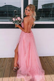 Pink Tulle A Line Backless Lace Appliques Long Prom Dresses With Slit, PL460 | tulle a line prom dresses | cheap long prom dresses | lace prom dresses | promnova.com