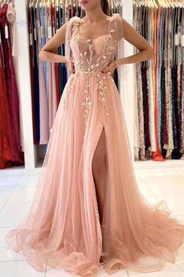 Pink Tulle A Line Floral Lace Prom Dresses Wit Slit PL441