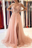  Pink Tulle A Line Floral Lace Long Prom Dresses With Side Slit, Evening Gown, PL441 | lace prom dresses | long formal dresses | evening dress | promnova.com