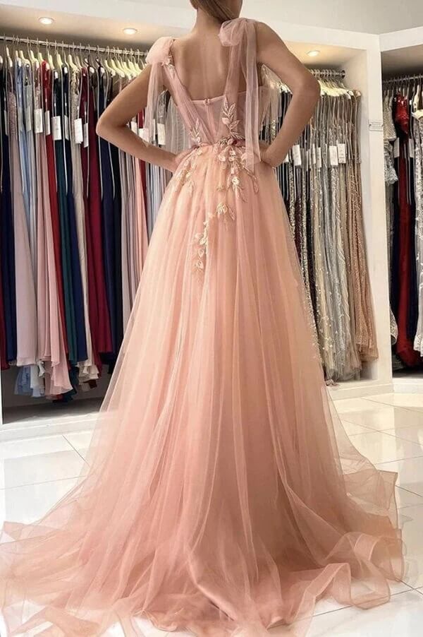 Pink Tulle A Line Floral Lace Prom Dresses Wit Slit PL441 | Promnova Pink Tulle A Line Floral Lace Prom Dresses Wit Slit PL441 | Promnova