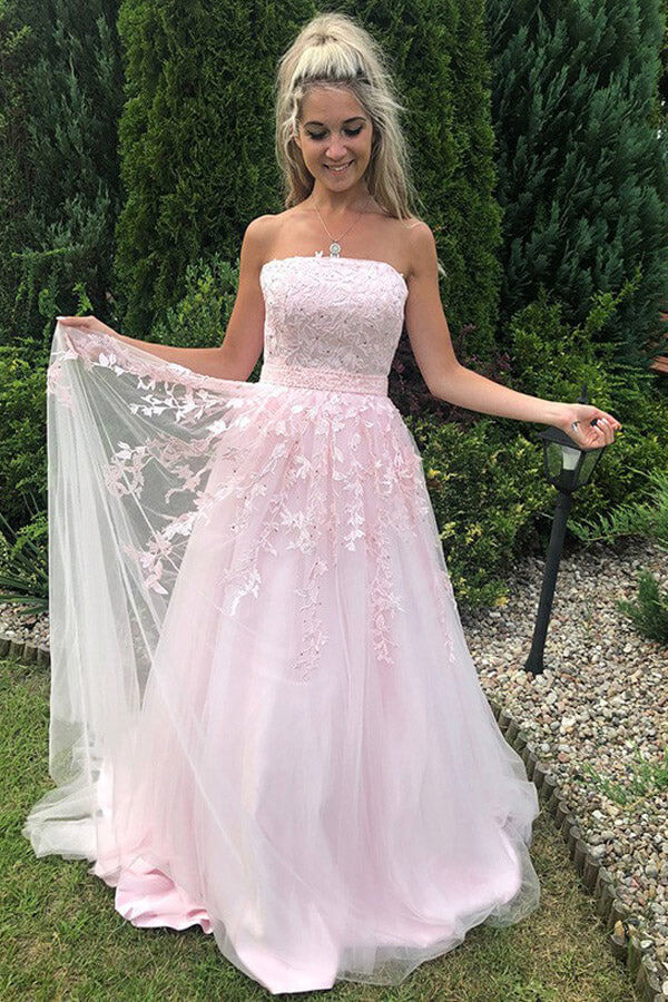 Lace Prom Dress Pink Lace Dresses For Wedding Pink Tulle A Line Strapless Beaded Long Prom Dress With Lace Appliques, PL531