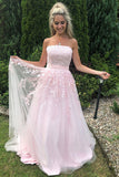 Pink Tulle A Line Strapless Beaded Long Prom Dress With Lace Appliques, PL531
