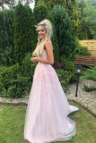 Pink Tulle A Line Strapless Beaded Long Prom Dress With Lace Appliques, PL531 | lace prom dresses | long formal dresses | evening gown | promnova.com