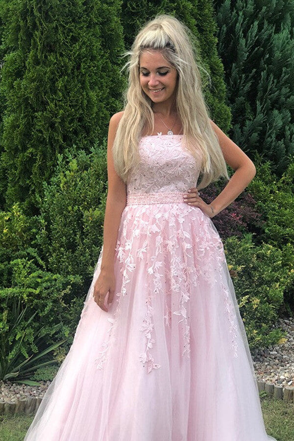 Pink Tulle A Line Strapless Beaded Long Prom Dress With Lace Appliques, PL531 | prom dresses online | prom dresses near me | dress for prom | promnova.com