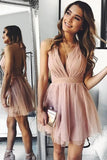 Pink Tulle A Line V Neck Backless Short Homecoming Dresses With Pleats, PH371 | pink homecoming dresses | short party dresses | homecoming dresses online | promnova.com