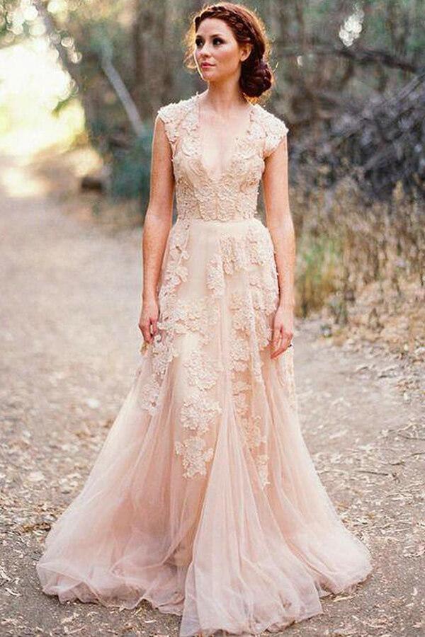 Pink Tulle Charming Sexy V-neck Lace Long Sheath Wedding Dresses, PW117