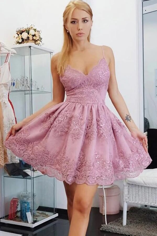 inexpensive pink dresses Pink Tulle Lace Spaghetti Straps Homecoming Dresses PH410