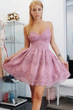 Pink Tulle Lace Spaghetti Straps Homecoming Dresses, Short Prom Dress, PH410