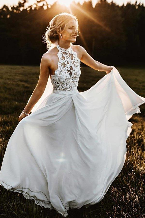 www.promnova.com | White Chiffon A-line Lace Halter Sleeveless Long Beach Wedding Dresses PW246