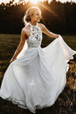 White Chiffon A-line Lace Halter Sleeveless Long Beach Wedding Dresses PW246
