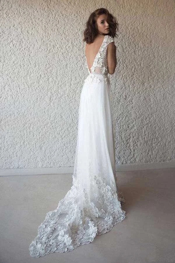 Find Ivory See Through Cap Sleeves V-neck Wedding Dresses Beach Bridal Dress PW248 at www.promnova.com