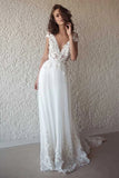 Ivory See Through Cap Sleeves V-neck Wedding Dresses Beach Bridal Dress PW248 - Promnova.com