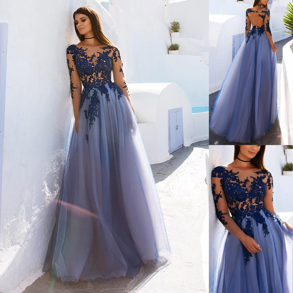 Open Back See Through Blue Lace Long Sleeve Long Prom Dress US16W / As Picture Open Back See Through Blue Lace Long Sleeve Long Prom Dress US16W / As Picture