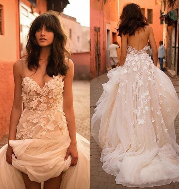 Beautiful Tulle A-line Floral Brush Train Wedding Dresses, Bridal Gown PW250 | wedding lace dresses | wedding white dress | tulle fabric | bridal gown 2020 | sleeveless wedding dress | sleeveless bridal dress | buy wedding dresses online | bridal store near me | wedding store near me | brush train dress | Promnova