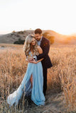 Chiffon Rustic Sky Blue Split Beach Wedding Dress With Court Train PW257 | sky blue wedding dresses | wedding dresses | wedding gowns | simple wedding dresses | cheap wedding dresses | chiffon wedding dresses | bridals | wedding dresses online | wedding dresses near me | wedding dresses stores | Promnova.com