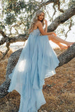 Sky Blue Chiffon Rustic Split Beach Wedding Dress With Court Train PW257