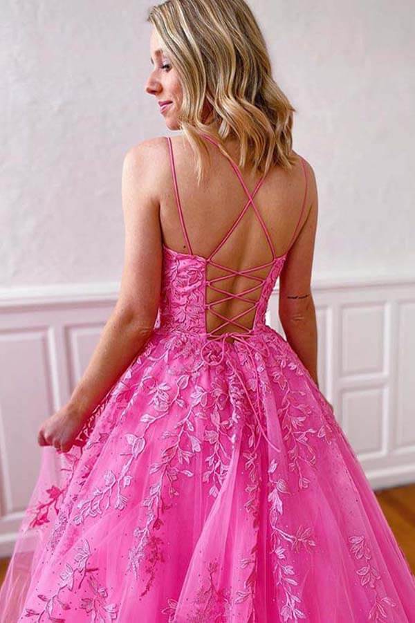 Pink Tulle A-Line Spaghetti Straps Prom Dresses With Lace Appliques PL402 | pink prom dresses | evening dresses | formal gowns | tulle prom dresses | lace prom dresses | evening dresses | www.promnova.com