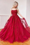 Burgundy Tulle A-Line Spaghetti Straps Prom Dresses With Lace Appliques PL402B | red prom dresses | burgundy prom dresses | lace prom dresses | party dresses | www.promnova.com