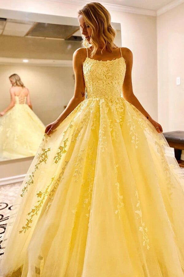 Appliques Backless Yellow Tulle Spaghetti Straps Prom Dress Appliques Backless Yellow Tulle Spaghetti Straps Prom Dress