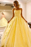 Yellow Tulle A-Line Spaghetti Straps Prom Dresses With Lace Appliques PL402B | yellow prom dresses | lace prom dresses | tulle prom dresses | evening dresses | www.promnova.com