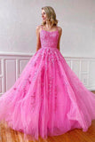 Pink Tulle A-Line Spaghetti Straps Prom Dresses With Lace Appliques PL402 | pink prom dresses | tulle prom dresses | cheap prom dresses | formal dresses | www.promnova.com