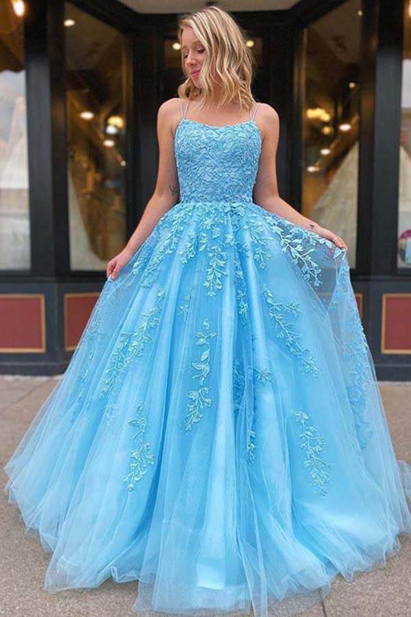 Blue Tulle A-Line Spaghetti Straps Prom Dresses With Lace Appliques PL402B | blue prom dresses | long prom dresses | evening dresses | formal dresses | www.promnova.com