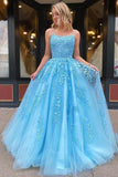 Blue Tulle A-Line Spaghetti Straps Prom Dresses With Lace Appliques PL402B | blue prom dresses | long prom dresses | evening dresses | formal dresses | www.promnova.com
