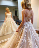 Champagne Tulle A-Line Spaghetti Straps Prom Dresses With Lace Appliques PL402 | prom gowns | long prom dresses | cheap prom dresses | champagne prom dresses | www.promnova.com