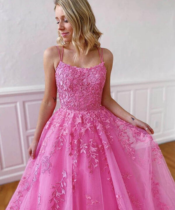 Pink Tulle A-Line Spaghetti Straps Prom Dresses With Lace Appliques PL402 | cheap prom dresses | long prom dresses | formal dresses | evening gowns | www.promnova.com
