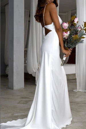 Simple Tight Backless Spaghetti Straps Wedding Dresses with Sweep Train PW266 | mermaid wedding dresses | cheap wedding dresses | simple wedding dresses | satin wedding dresses | promnova.com