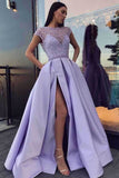 Purple A Line Beaded Short Sleeves Long Prom Dresses With Side Split, PL491