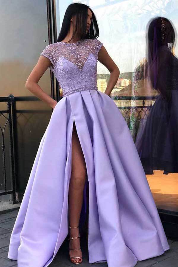 prom dresses with short sleeves Round Neck Beaded Prom Dresses Short Sleeve A-line Evening Dresses 20113 Custom Colors / US2
