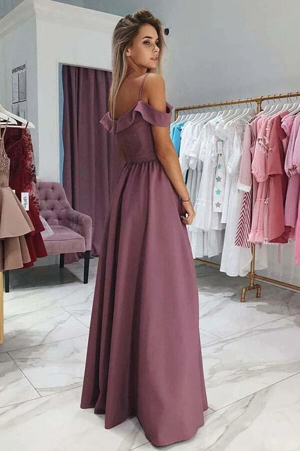 Purple A Line Off Shoulder Spaghetti Straps Simple Prom Dresses With Sllit, PL513 | cheap long prom dresses | evening gown | long formal dresses | promnova.com