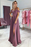 Purple A Line Off Shoulder Spaghetti Straps Simple Prom Dresses With Slit, PL513