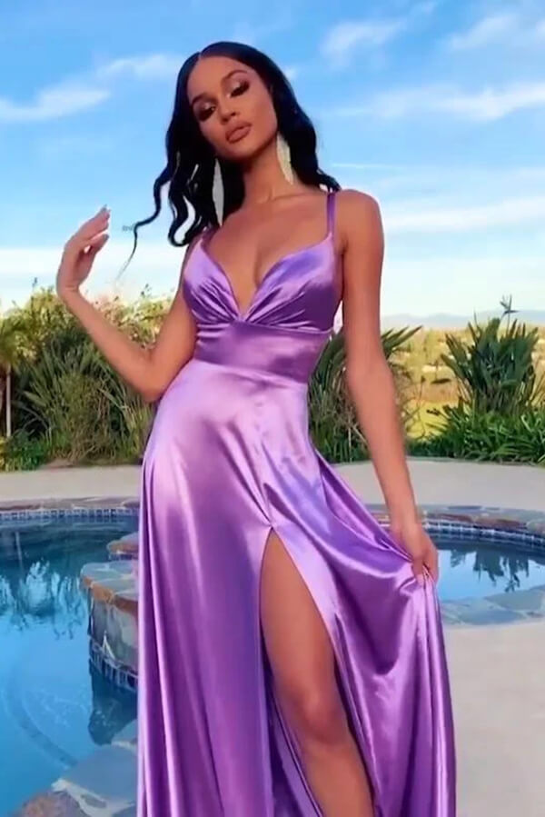 Purple Silk Satin A Line Long Prom Dresses, Evening Dresses With Slit, PL446
