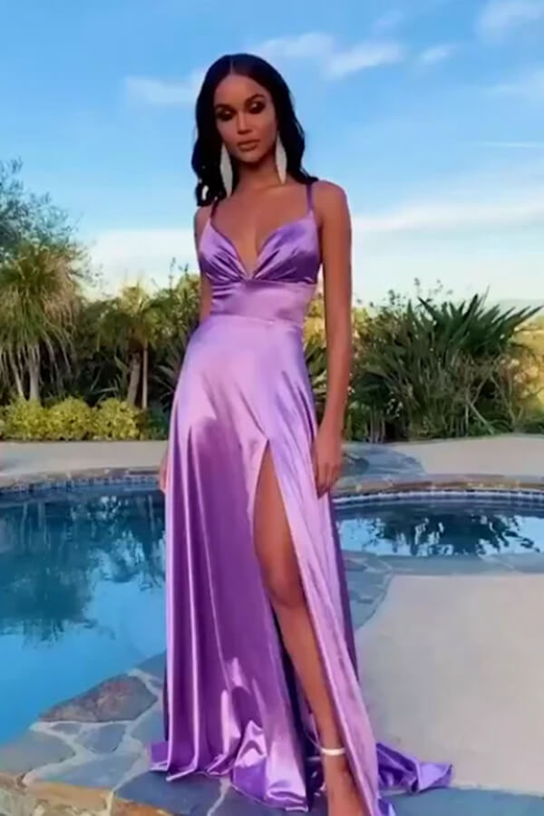 Purple Silk Satin A Line Long Prom Dresses, Evening Dresses With Slit, PL446 | purple prom dresses | long formal dresses | evening gown | promnova.com