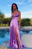 Purple Silk Satin A Line Long Prom Dresses, Evening Dresses With Slit, PL446 | purple prom dresses | long formal dresses | evening gown | promnova.com