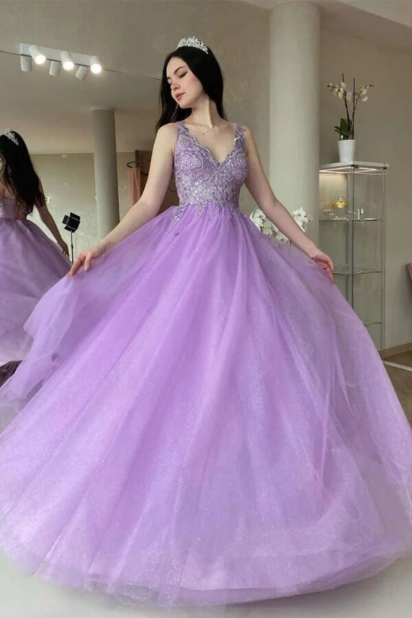 Purple Tulle A Line V Neck Lace Appliques Prom Dress PL503