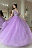 Purple Tulle A Line V Neck Lace Appliques Long Prom Dresses, Formal Dress, PL503