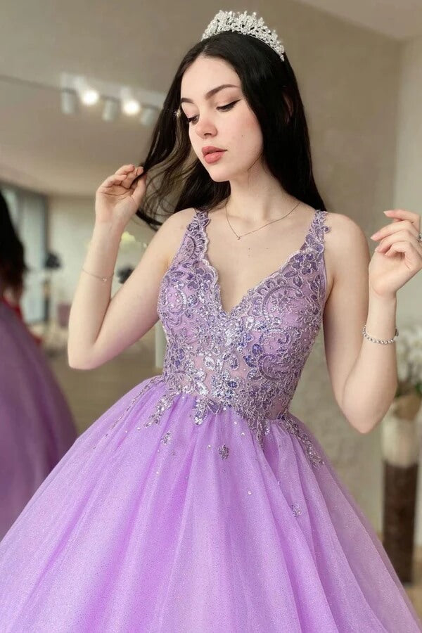 Purple Tulle A Line V Neck Lace Appliques Prom Dress PL503 | Promnova US12 / As Picture Purple Tulle A Line V Neck Lace Appliques Prom Dress PL503 | Promnova US12 / As Picture