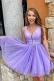 ​Purple Tulle Beaded A Line Short Homecoming Dresses, Graduation Dresses, PH372 | cheap homecoming dresses | beaded homecoming dresses | school event dress | promnova.com