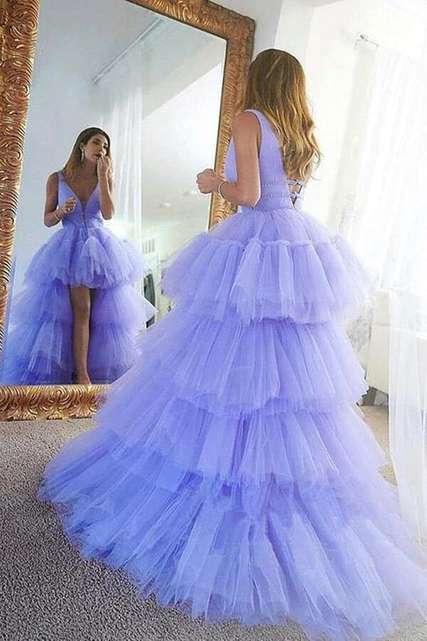 V Neck Purple Layered Tulle Prom Dresses, V Neck Purple Tulle Formal E –  Eip Collection